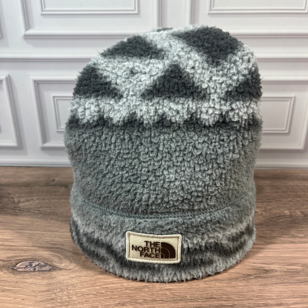 The North Face Beanie Women One Size Grey Sherpa Fleece Winter Hat Logo Patch